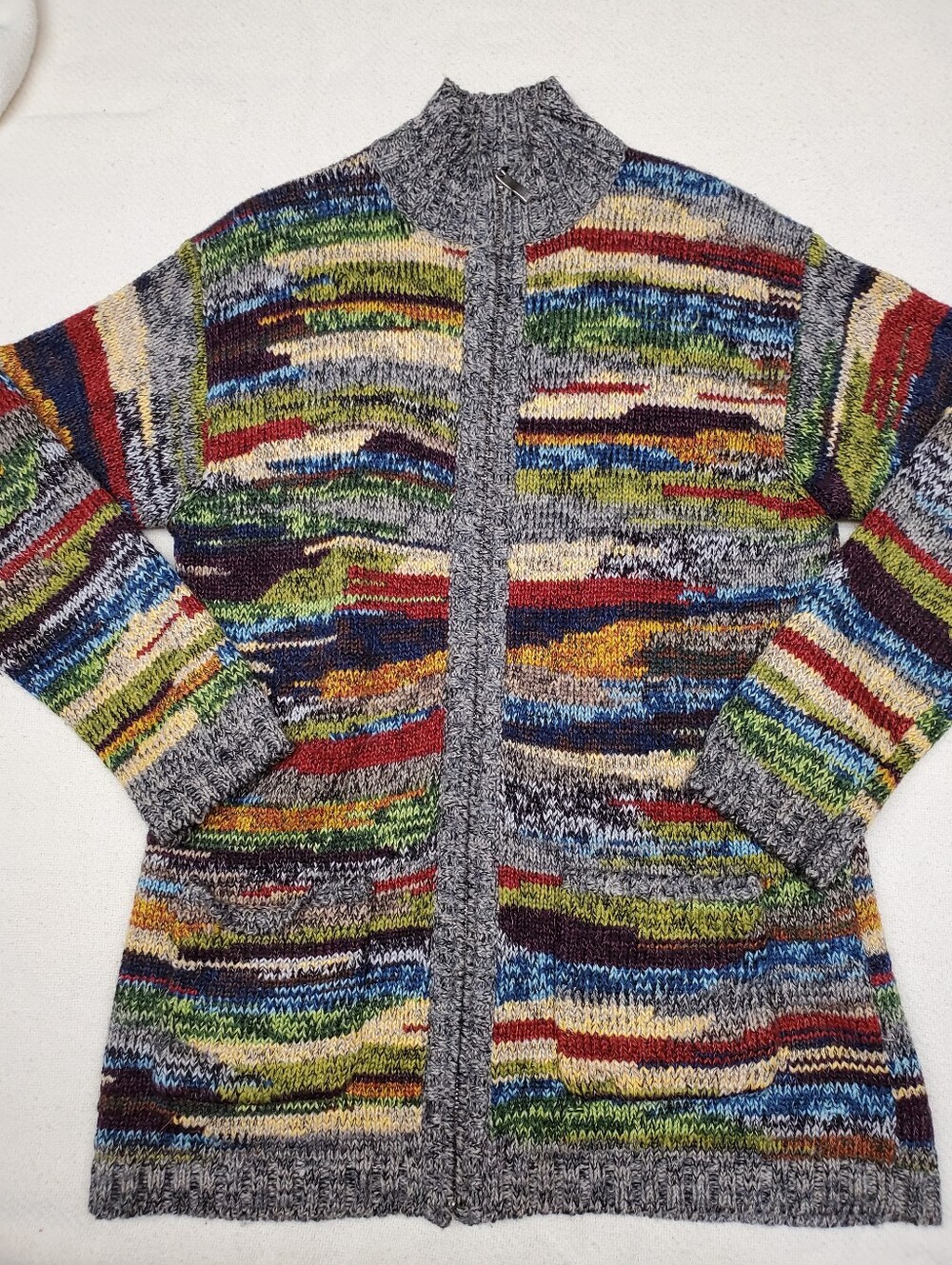 Chico's Design Multicolor Stripe Knit Cardigan Size 1 Ramie Wool Blend Zip Up